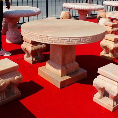 庭院别墅圆形晚霞红石桌石凳雕塑