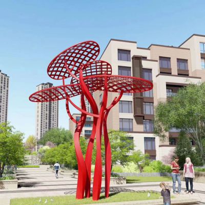 城市花园广场镂空红色创意不锈钢树雕塑