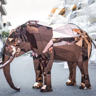 城市街道创意不锈钢镜面几何大象雕塑
