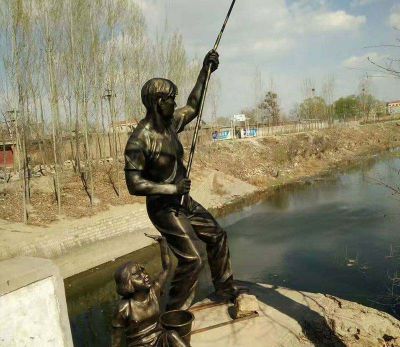 钓鱼者公园湖边人物玻璃钢仿铜雕塑