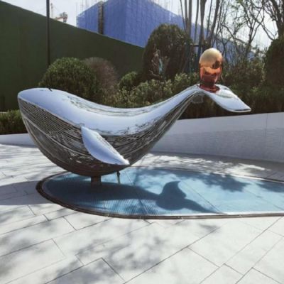 广场户外水景摆件不锈钢镜面抽象鲸鱼雕塑