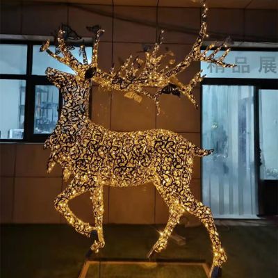 不锈钢镂空麋鹿雕塑金属 动物雕塑内置灯光鹿景观摆件