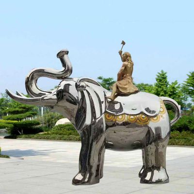 广场不锈钢创意镜面女孩骑着大象雕塑
