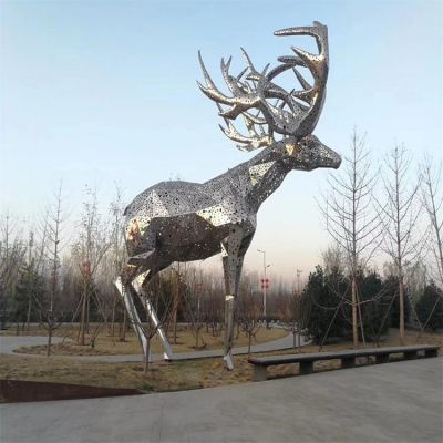 户外公园大型不锈钢镂空抽象几何梅花鹿雕塑