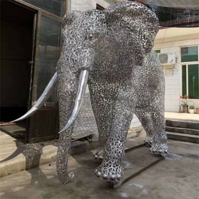 大型不锈钢镂空大象雕塑铁艺网格发光动物户外园林景观小品