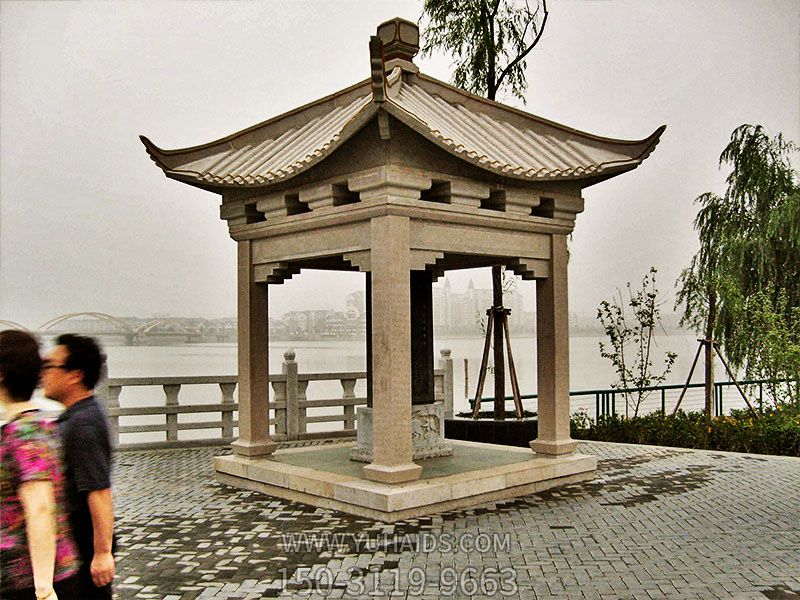 湖边景区摆放花岗岩四角镂空休息凉亭雕塑