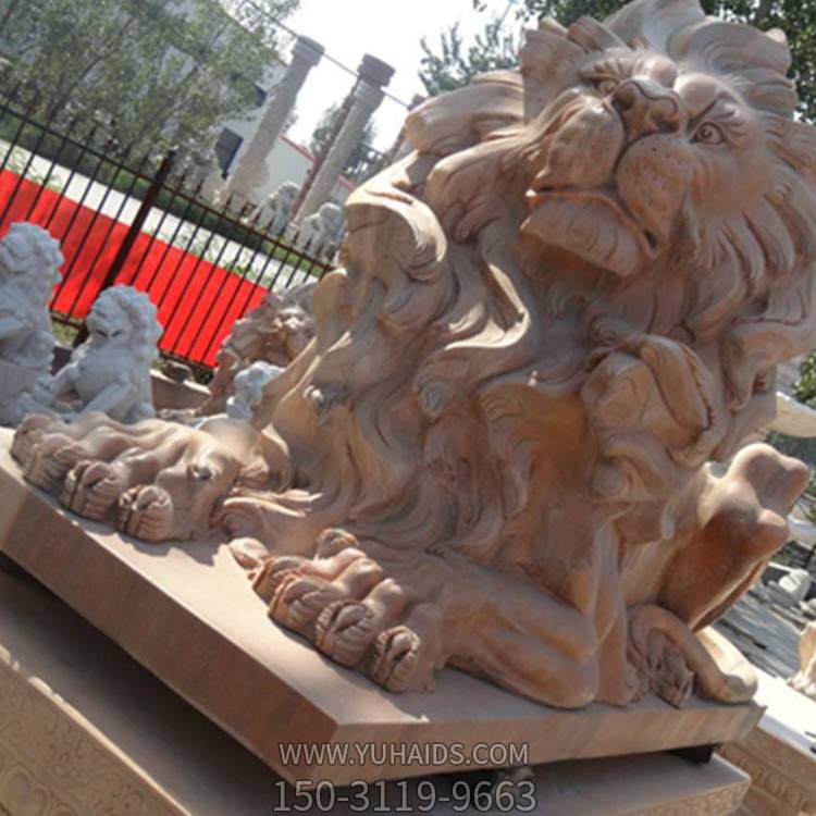 大型天然石材晚霞红西方卧狮企业门口摆件雕塑