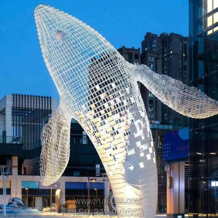 广场创意不锈钢镜面镂空大型海豚雕塑