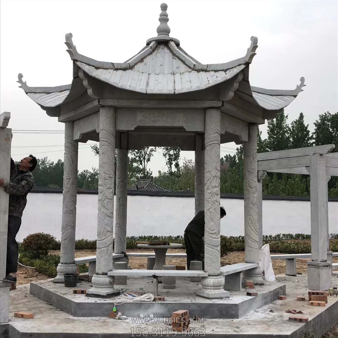 公园庭院摆放仿古建筑六角雕刻长廊休闲凉亭雕塑