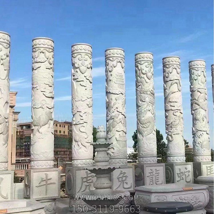 景区摆放大理石浮雕十二生肖动物文化石柱雕塑