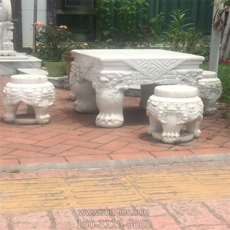 别墅庭院摆放汉白玉浮雕仿古石桌石凳雕塑