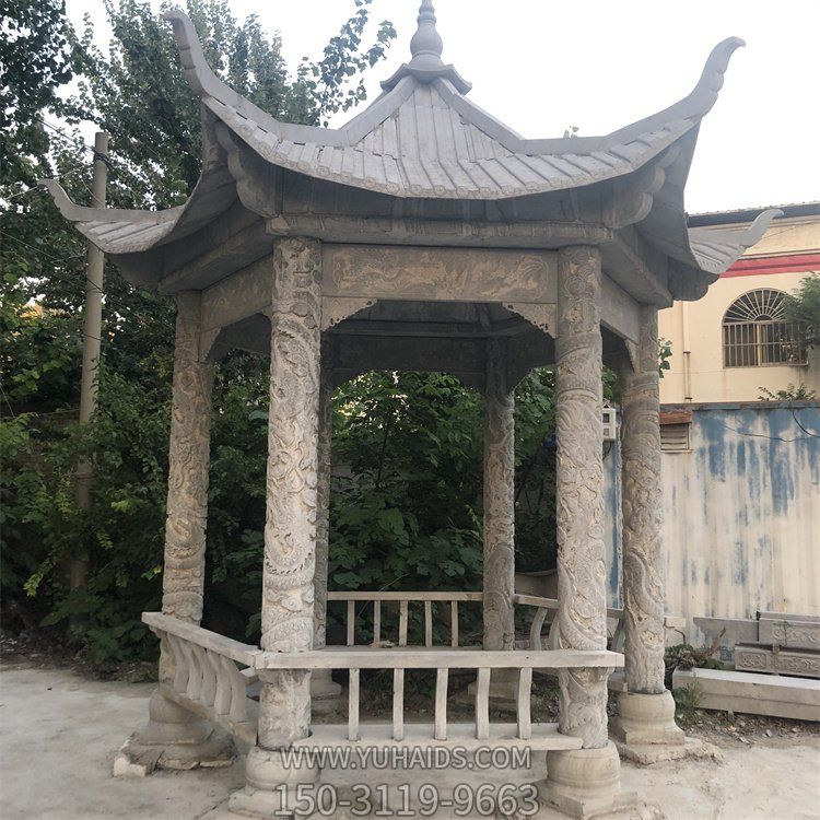 园林户外摆放中式青石仿古建筑六角石亭雕塑