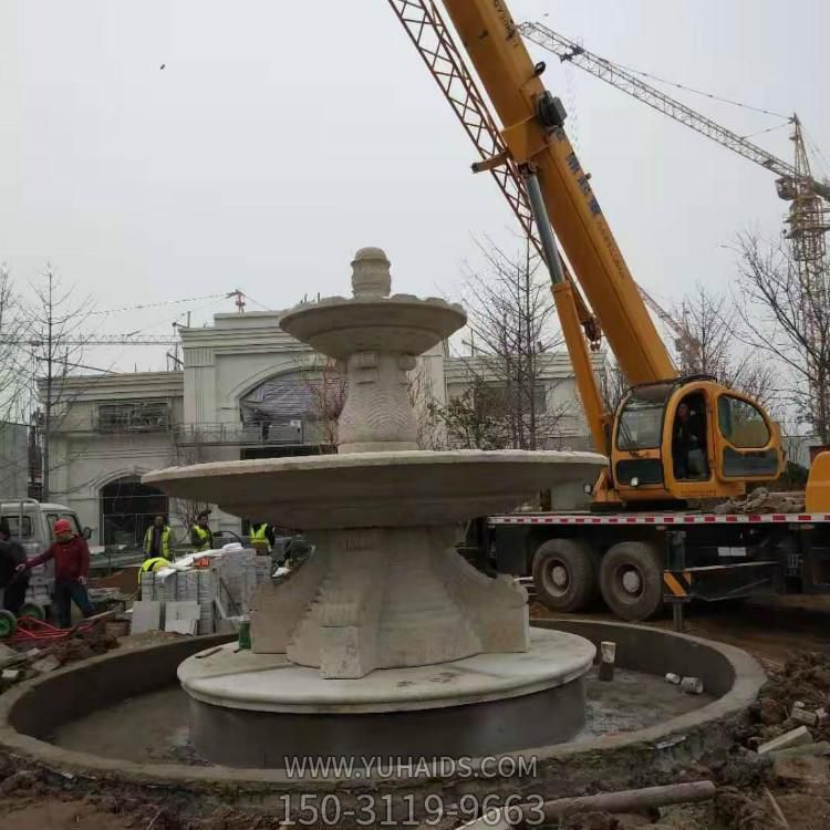 别墅水池喷泉安装黄锈岩二层流水水钵雕塑