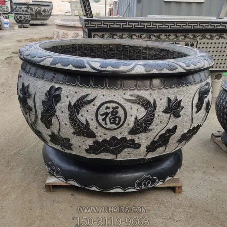 天然大理石浮雕荷花鲤鱼圆形水缸别墅摆件雕塑