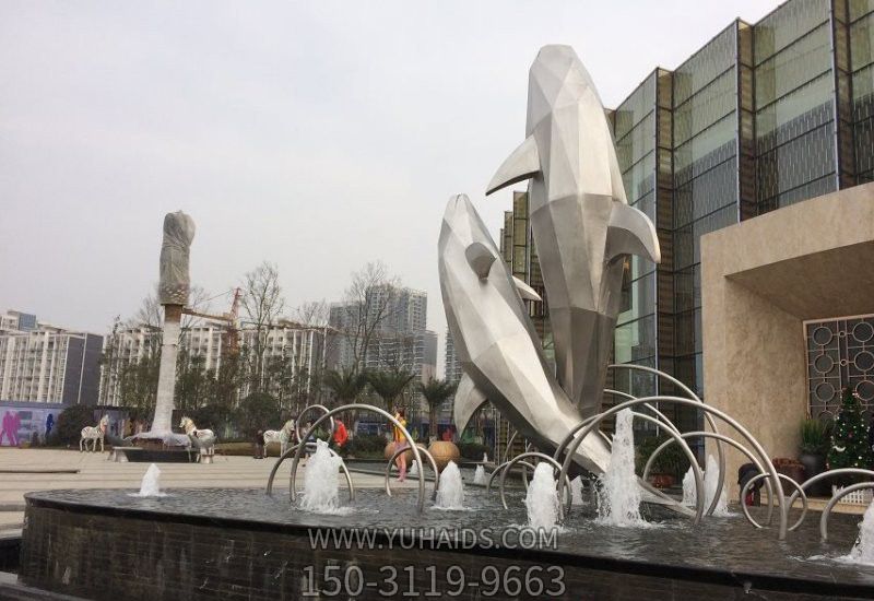 户外喷泉两只跳跃的不锈钢海豚雕塑