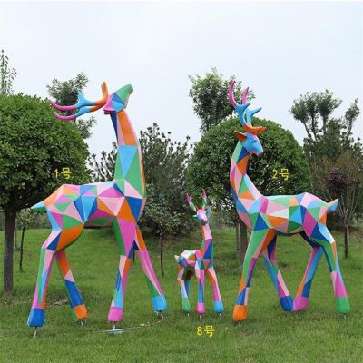 几何彩绘户外动物园景观抽象梅花鹿雕塑