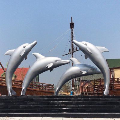 游乐园水池喷泉不锈钢海豚景观雕塑