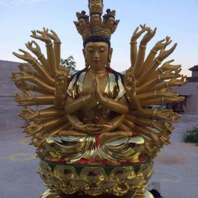 玻璃钢喷金烤漆大型不锈钢千手观音雕塑