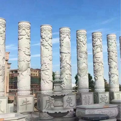 景区摆放大理石浮雕十二生肖动物文化石柱
