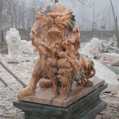 晚霞红花岗岩石雕大型工厂大型狮子雕塑