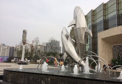户外喷泉两只跳跃的不锈钢海豚雕塑