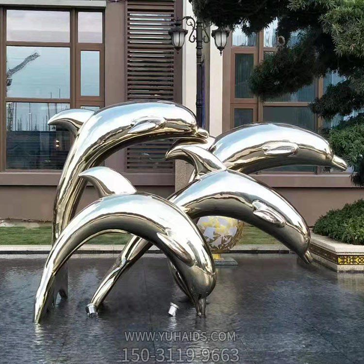 海洋馆户外地产门口不锈钢大型海豚雕塑