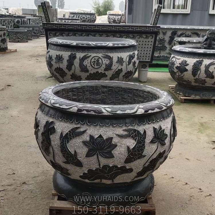 青石荷花流水鱼缸石雕花盆庭院仿古圆形摆件雕塑