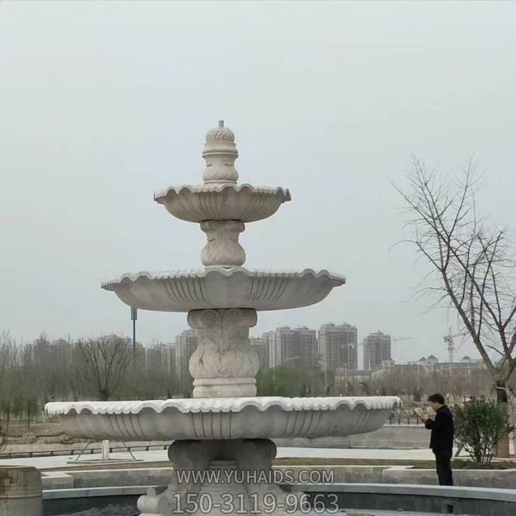 公园水池摆放大型汉白玉雕刻三层流水水钵喷泉雕塑