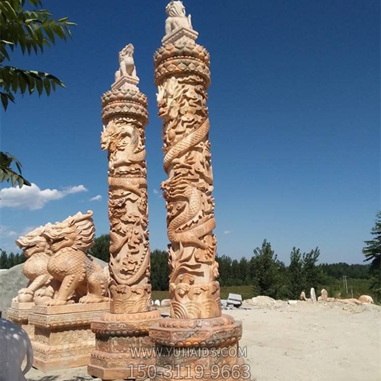 晚霞红大理石雕刻盘龙柱广场文化柱摆件雕塑