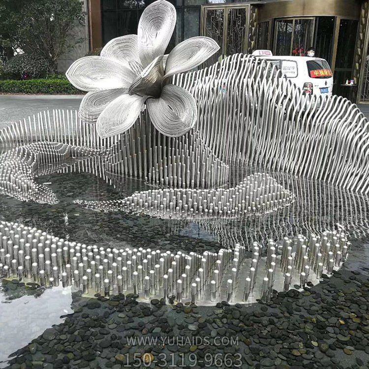 不锈钢拉丝工艺酒店户外抽象花朵喷泉装饰摆件雕塑