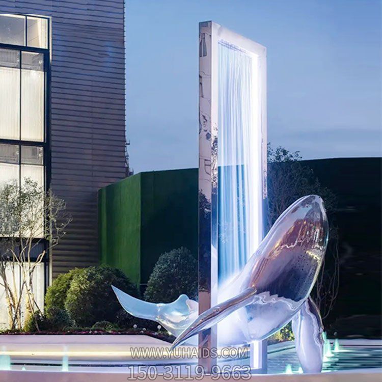 酒店会所户外喷泉装饰不锈钢创意鲸鱼水景观雕塑