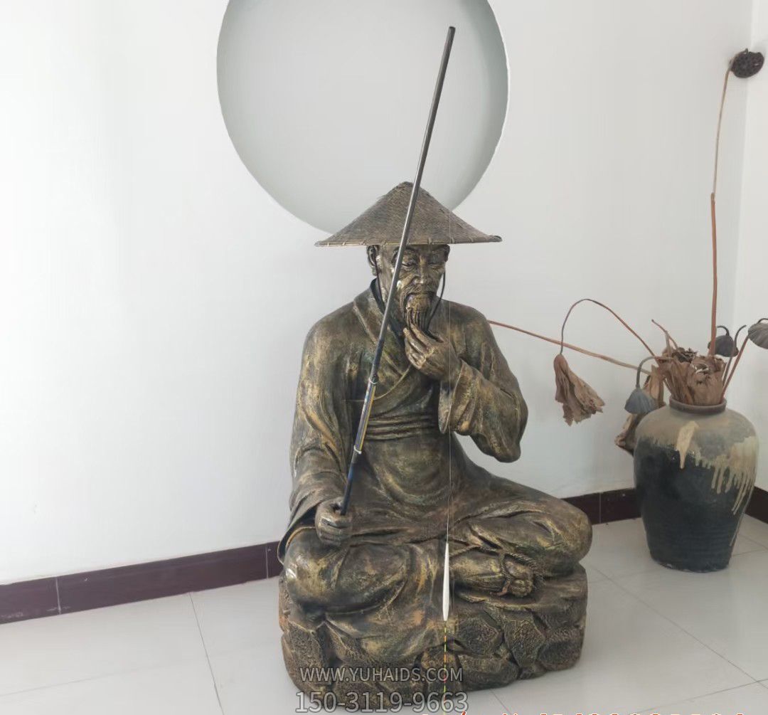 学院湖边摆放彩绘姜太公钓鱼人物铜雕雕塑