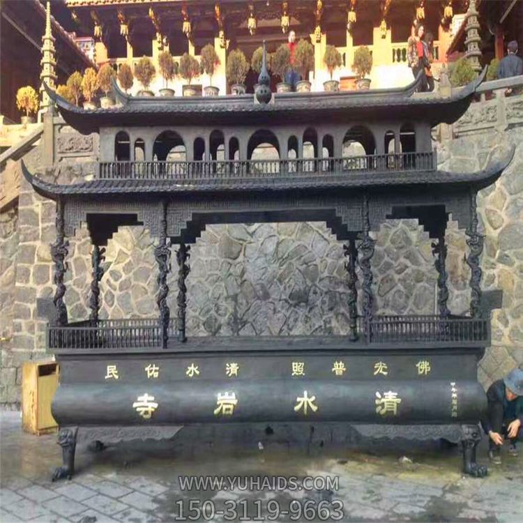 宗庙寺院摆放二层八龙柱做旧长形香炉雕塑