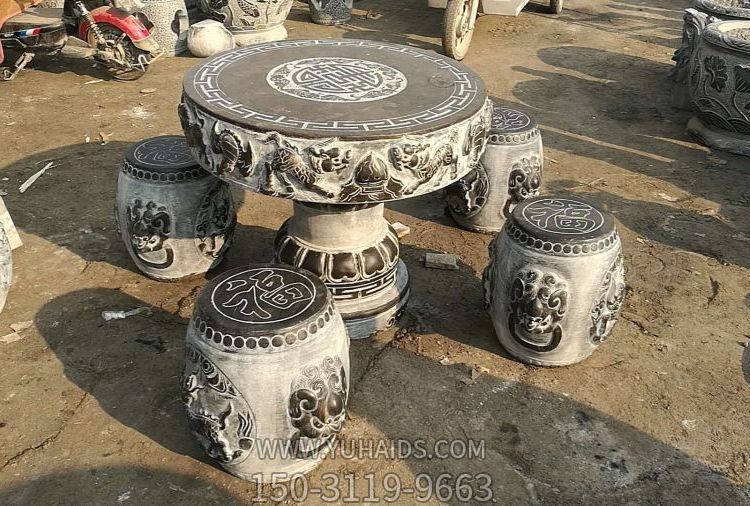 庭院装饰青石仿古浮雕休闲圆桌石凳雕塑