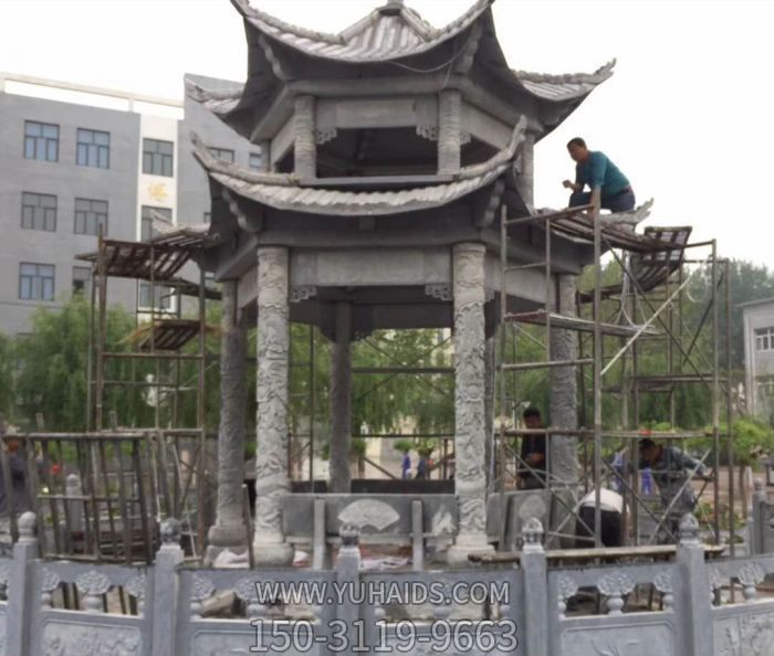 医院花园摆放仿古建筑雕刻龙纹石柱凉亭雕塑