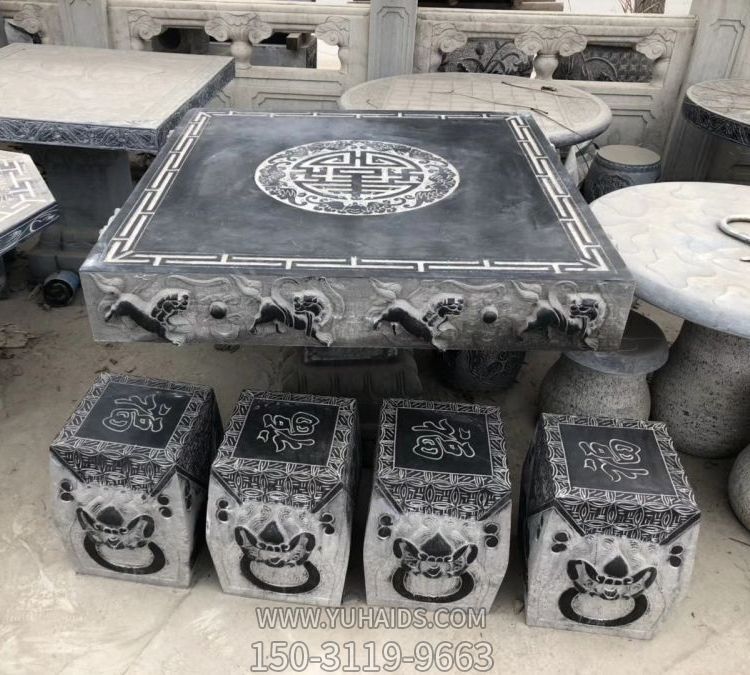 别墅园林摆放大理石做旧方形休闲石桌雕塑