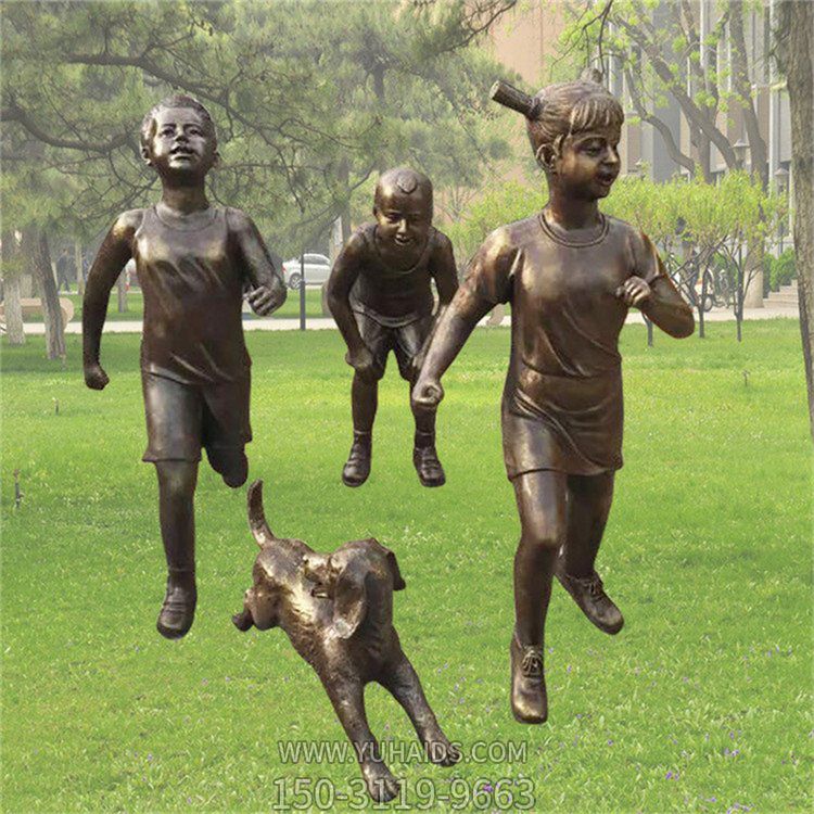园林公园奔跑的玻璃钢仿铜儿童景观雕塑