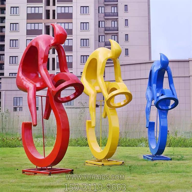 校园广场不锈钢彩绘抽象运动骑自行车的人物景观雕塑