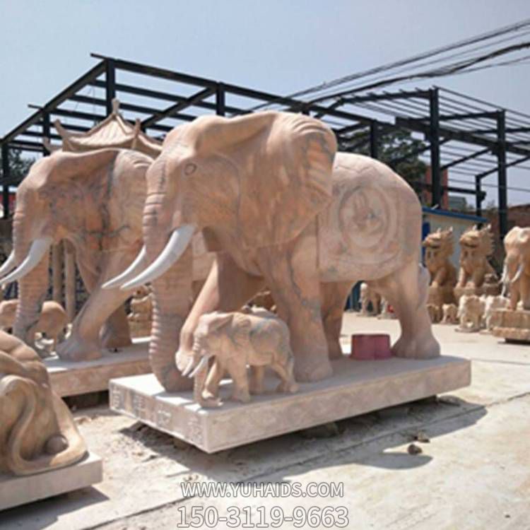 晚霞红石雕大型庭院别墅门口大象雕塑