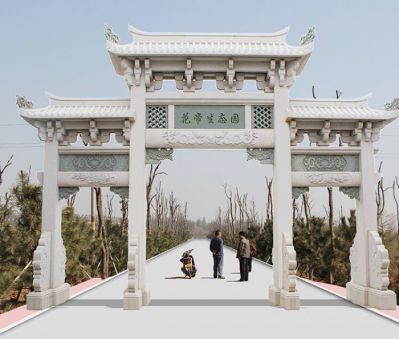 生态园景区大理石三门牌坊浮雕摆件