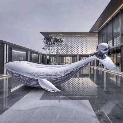 不锈钢镜面酒店会所大型喷泉水景鲸鱼