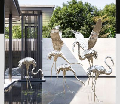 别墅摆放飞舞的不锈钢火烈鸟雕塑