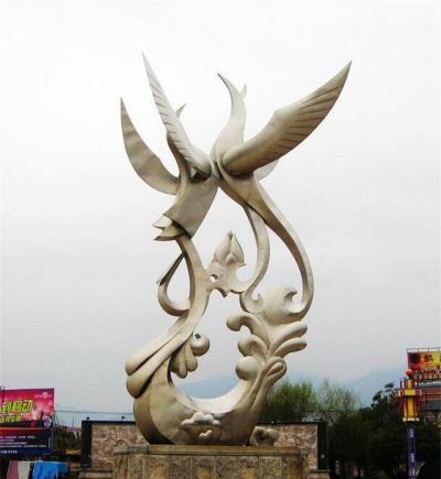 广场不锈钢抽象创意两只凤凰雕塑
