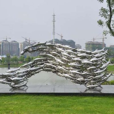 镜面不锈钢广场户外园林鱼群景观雕塑