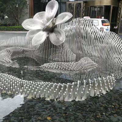 不锈钢拉丝工艺酒店户外抽象花朵喷泉装饰摆件