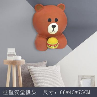 熊雕塑-快餐店挂壁汉堡熊头装饰玻璃钢熊雕塑