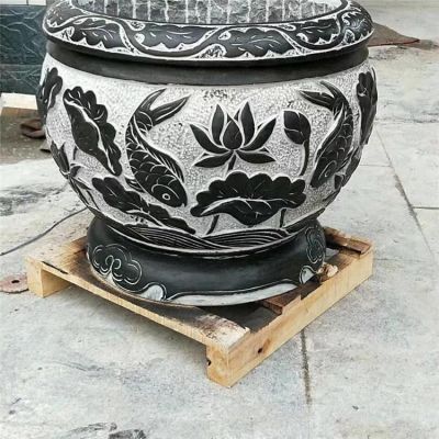 青石石雕庭院大型浮雕荷花鱼缸 