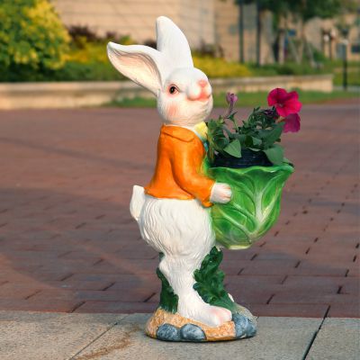 广场可爱卡通树脂抱着花盆的兔子雕塑