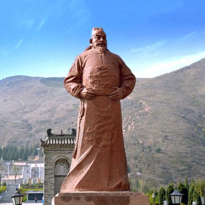 长城景区摆放大型砂岩晚霞红李世民石雕塑像