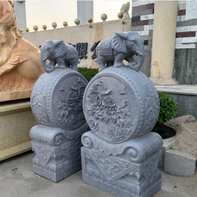 大理石石雕户外园林浮雕动物大象抱鼓石雕塑